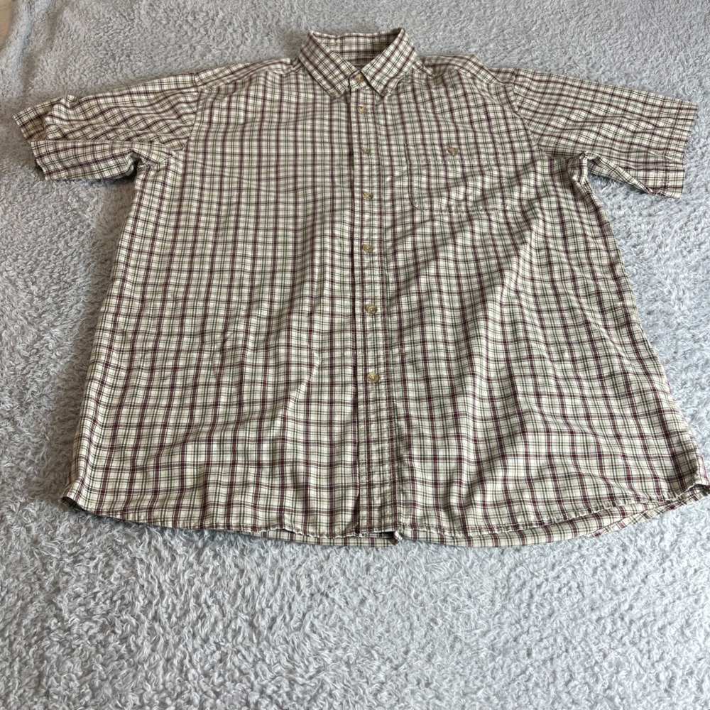 Wrangler Rugged Wear Mens Short Sleeve Plaid Button Down Shirt Cream Burgundy XL